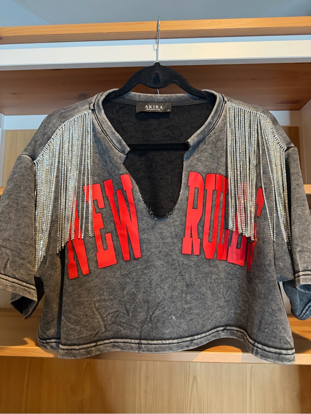 AKIRA Gray Cropped Tee with Red 'NEW RULES' and Silver Fringe